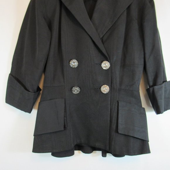 Black Double Breasted Blazer Coat Jacket 3/4 Sleeve Unique - Picture 3 of 7